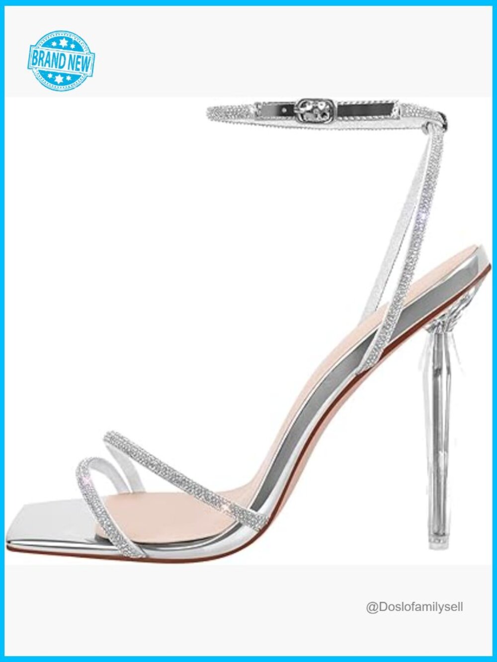 Square Toe Rhinestone Studded Ankle Strap Heeled Sandals Clear Heels Party